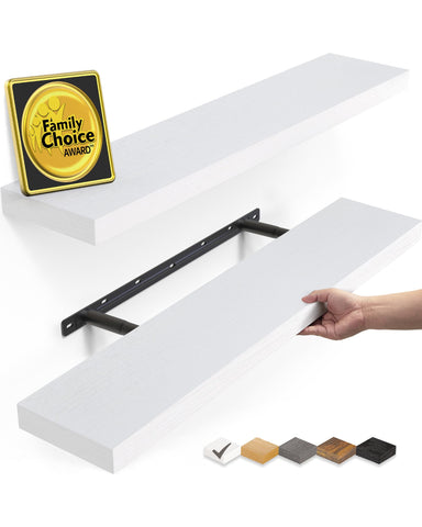 Bayka white floating shelves wall-mounted, ideal for bathroom or living room display.