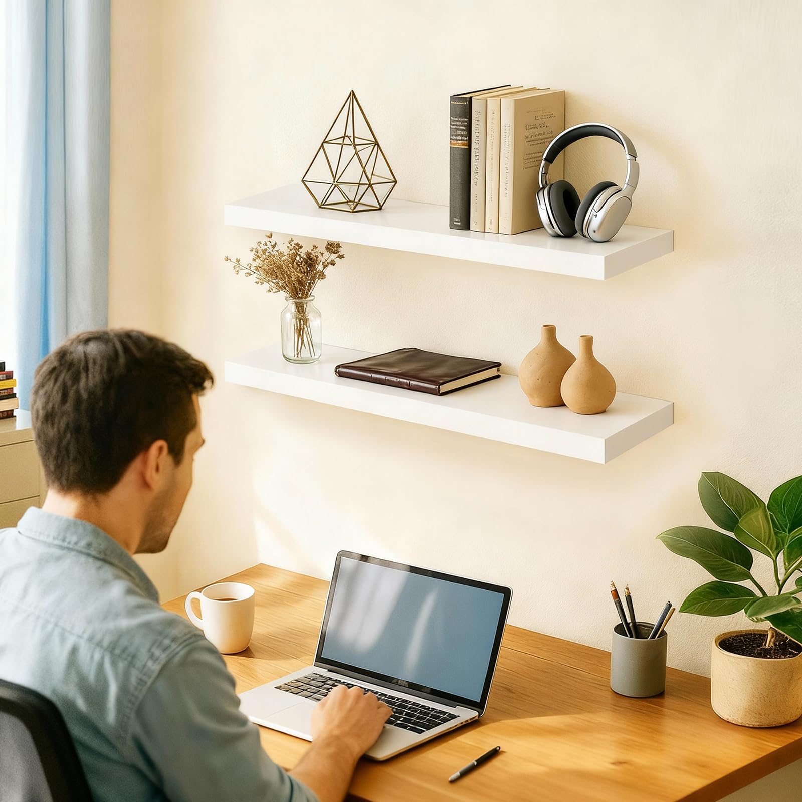 Bayka white floating shelves bracket closeup showing sturdy support.