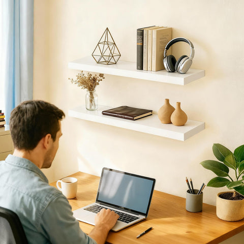 Bayka white floating shelves bracket closeup showing sturdy support.