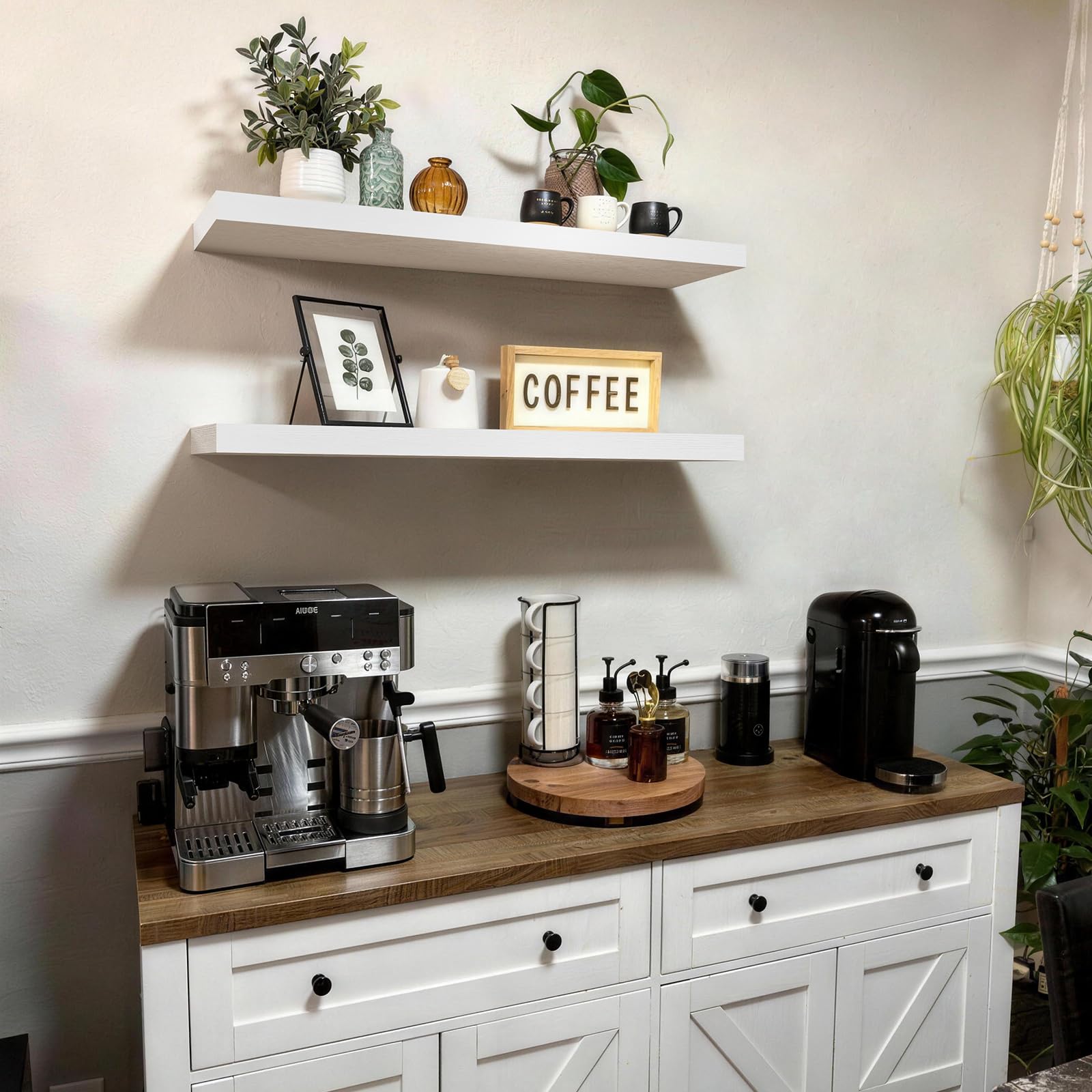 BAYKA white finish shelves pair saving space in kitchen display.