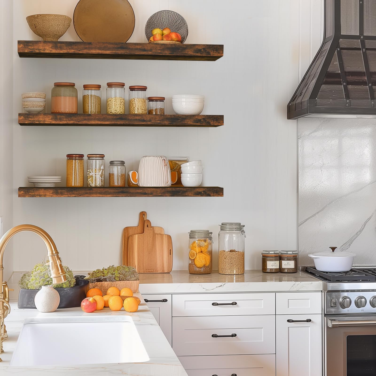 Close-up of rustic brown wood texture on Bayka shelves.