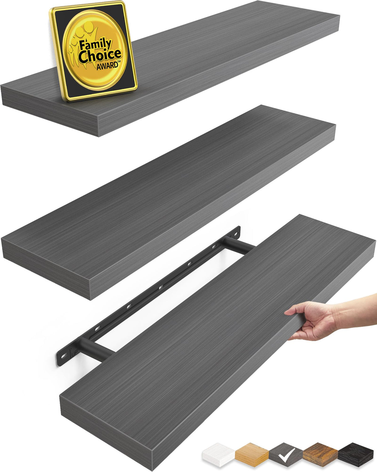 BAYKA grey floating shelves 3-pack ready for wall mounting with concealed brackets