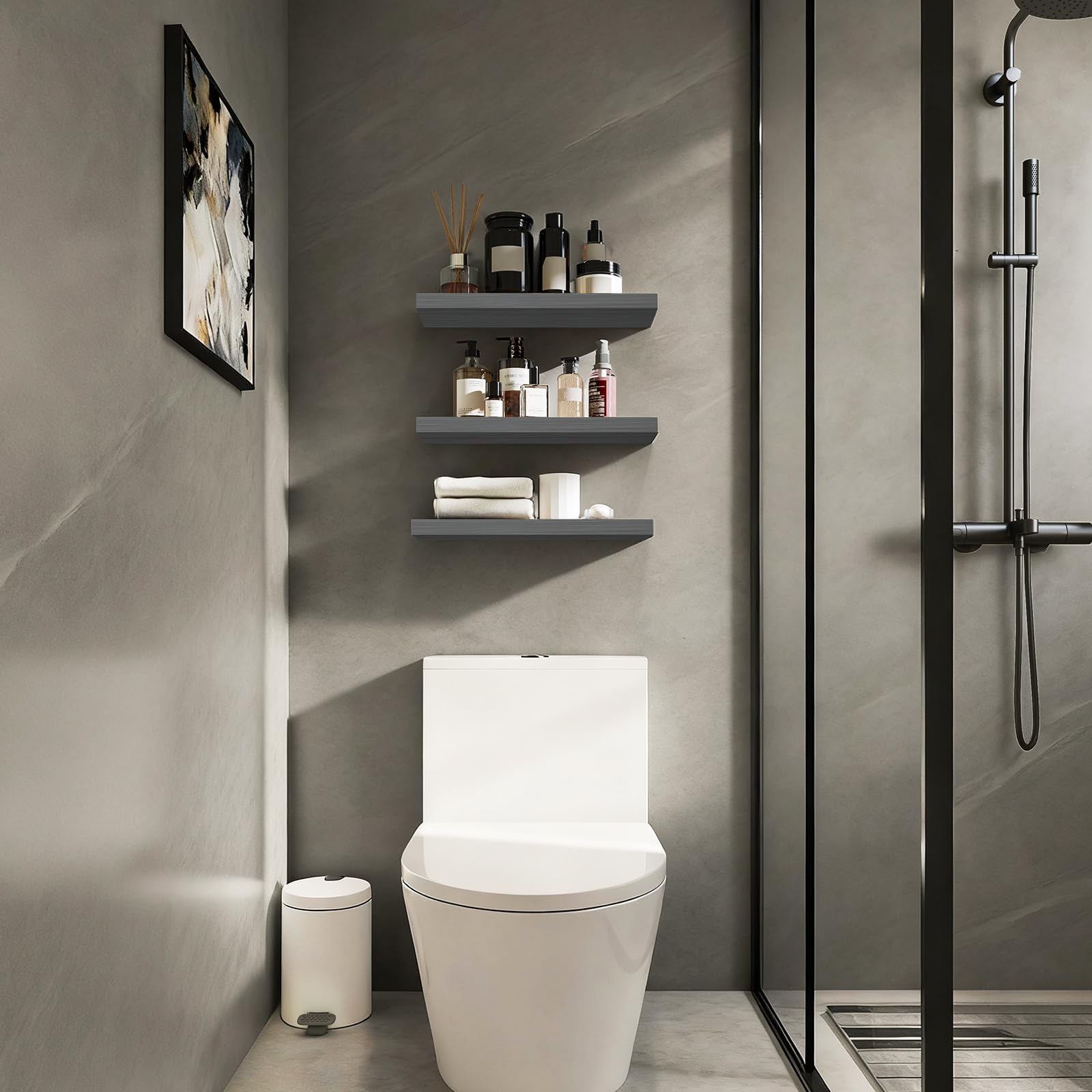 Bayka grey floating shelves in living room displaying decor items