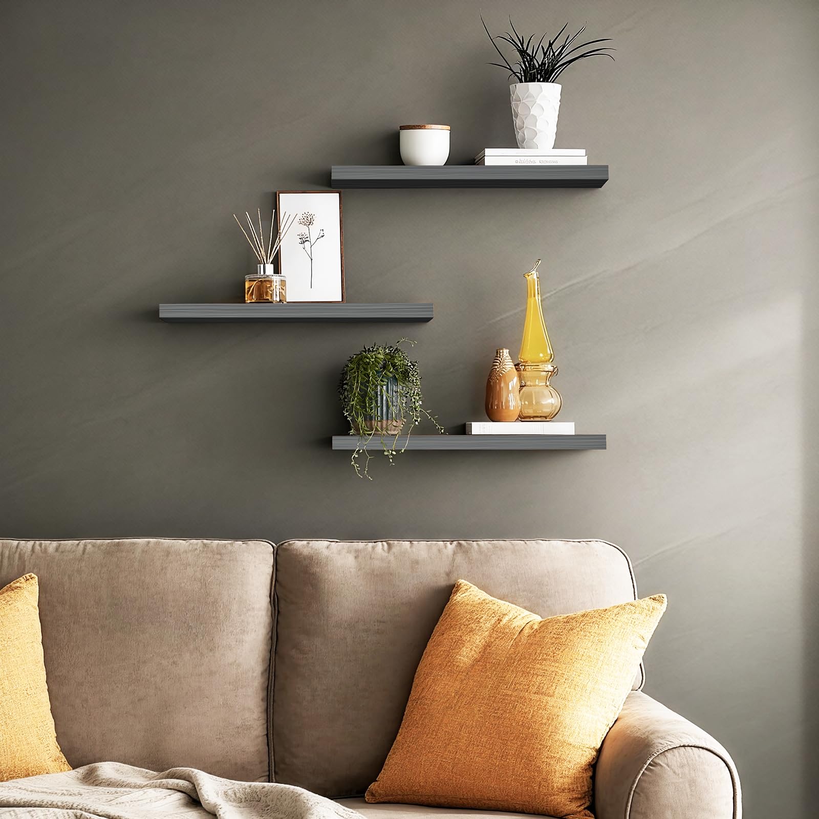 Bayka grey floating shelves close-up wood texture showing rustic finish