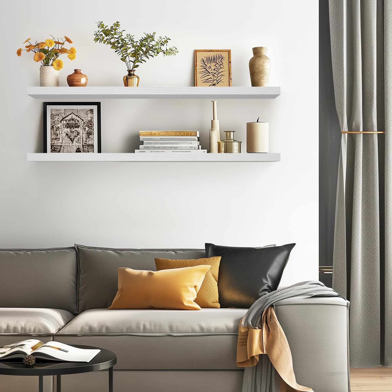 Bayka office wall shelves organize documents and decorative items in a tidy setup.