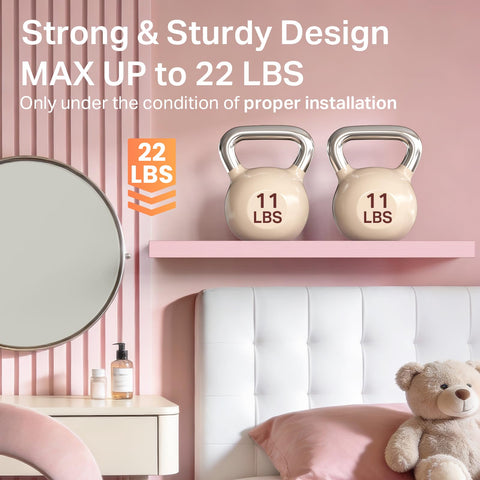Bayka pink bathroom shelves organized for towels and cosmetics.