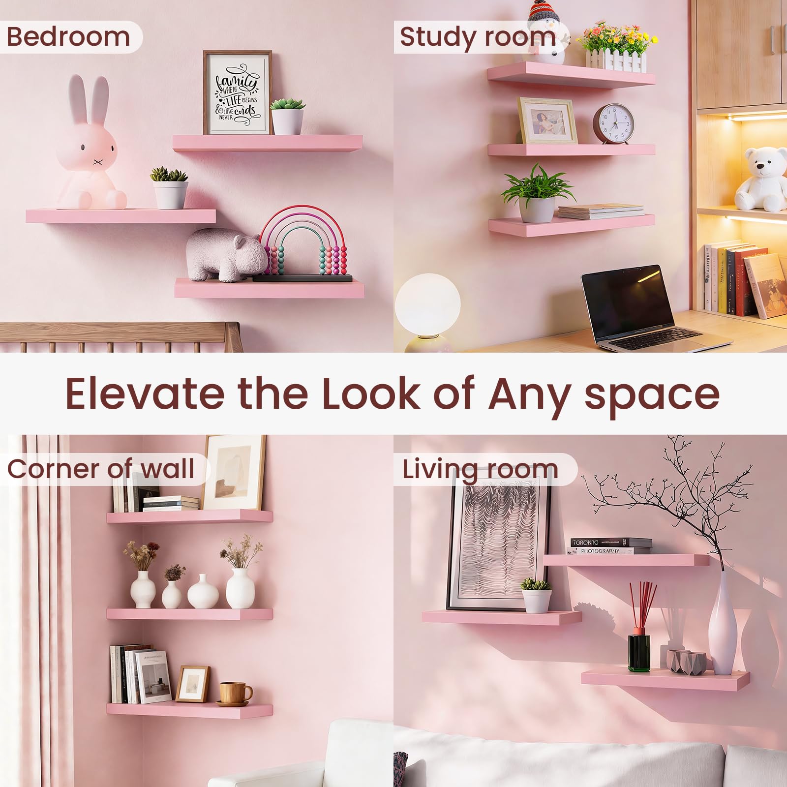 Bayka pink floating shelves installed with included level tool.