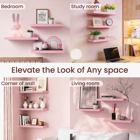 Bayka pink floating shelves installed with included level tool.