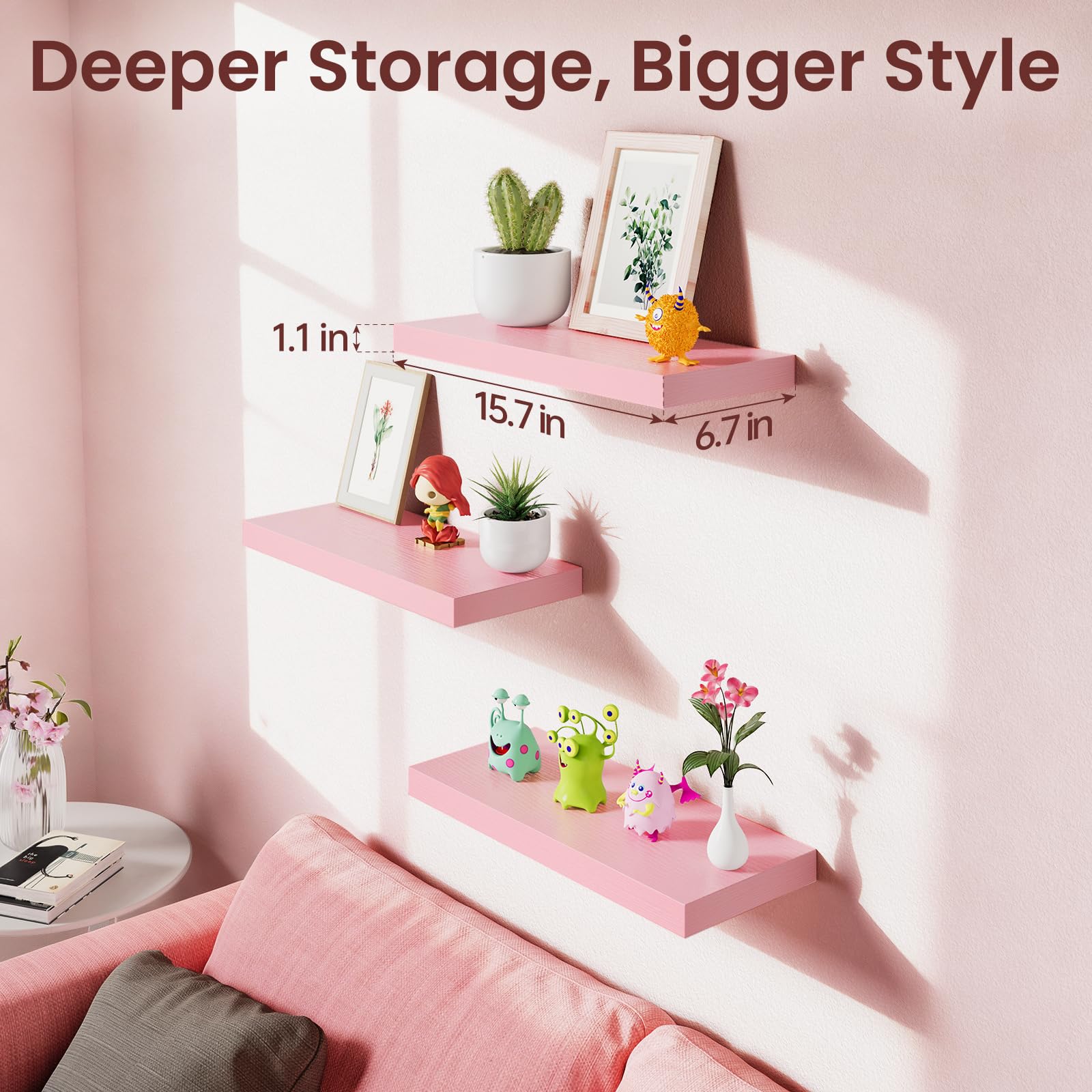 Bayka pink living room shelves organize small items.