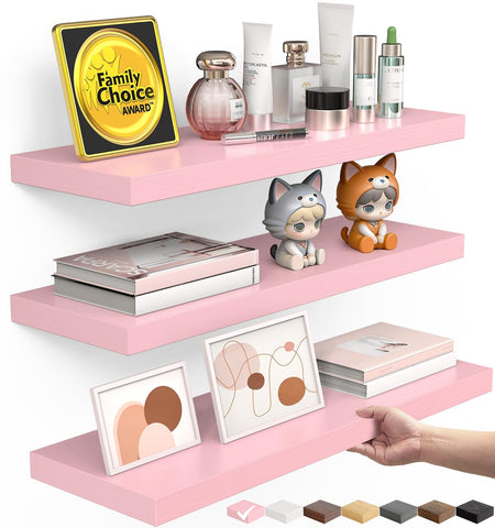 Bayka pink floating shelves closeup shows sturdy brackets for wall mounting.