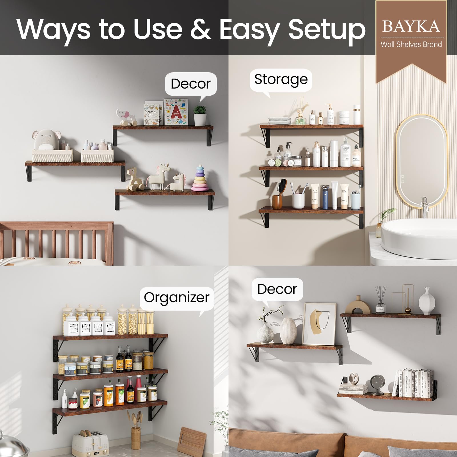 Bayka rustic brown wall shelves suitable for bathroom and kitchen storage.
