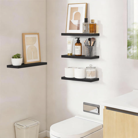 Bayka rustic wood shelves in living room scene highlight warm, versatile décor.