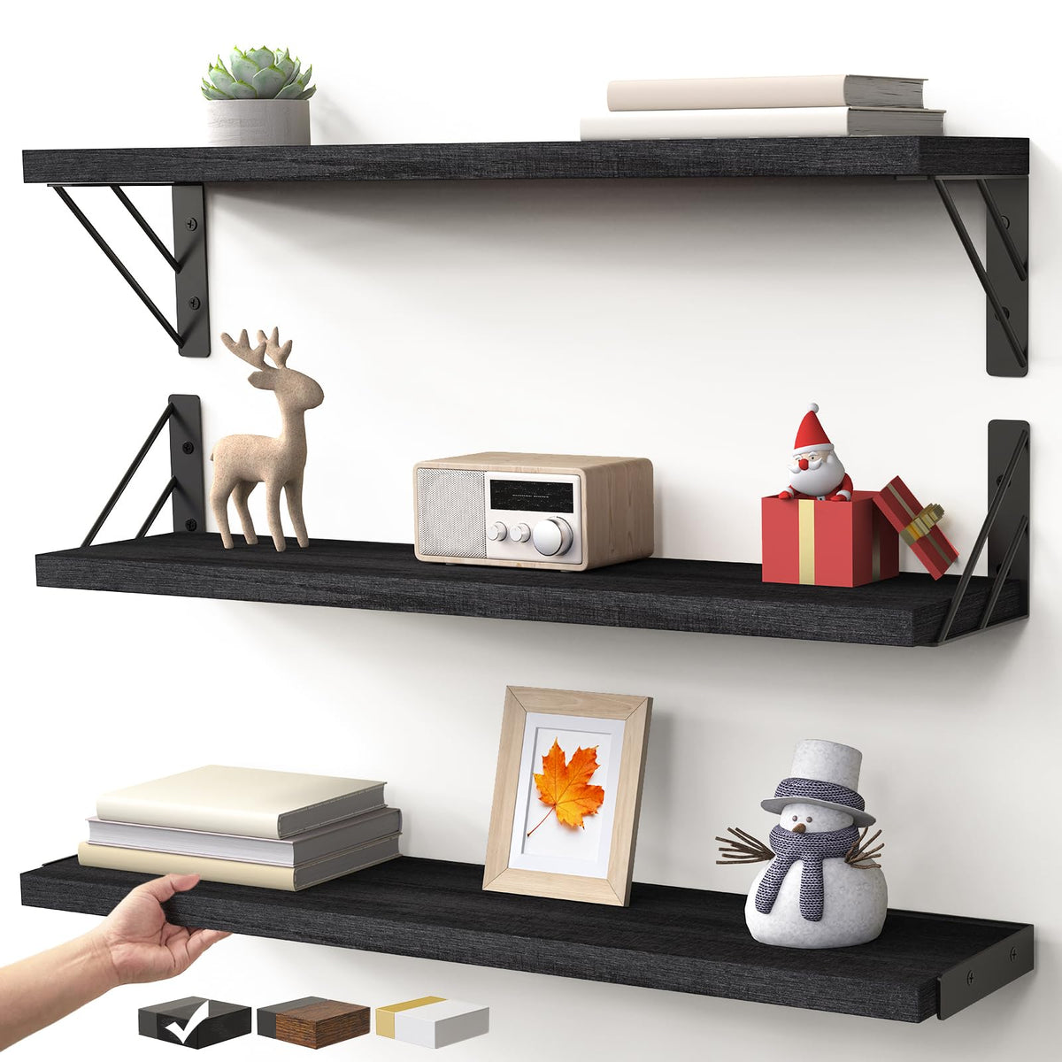 BAYKA three-pack wall-mounted black shelves, front view for compact book and decor display.