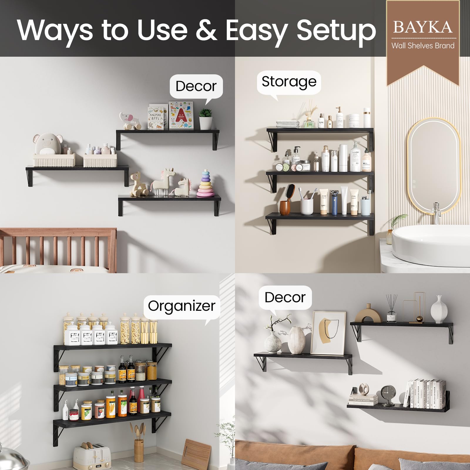 Bayka wall-mounted shelves providing compact bedroom storage and tidy surface organization.
