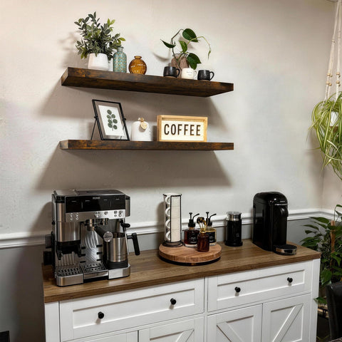 BAYKA wall-mounted shelves rustic brown finish add warm organization to bathrooms.