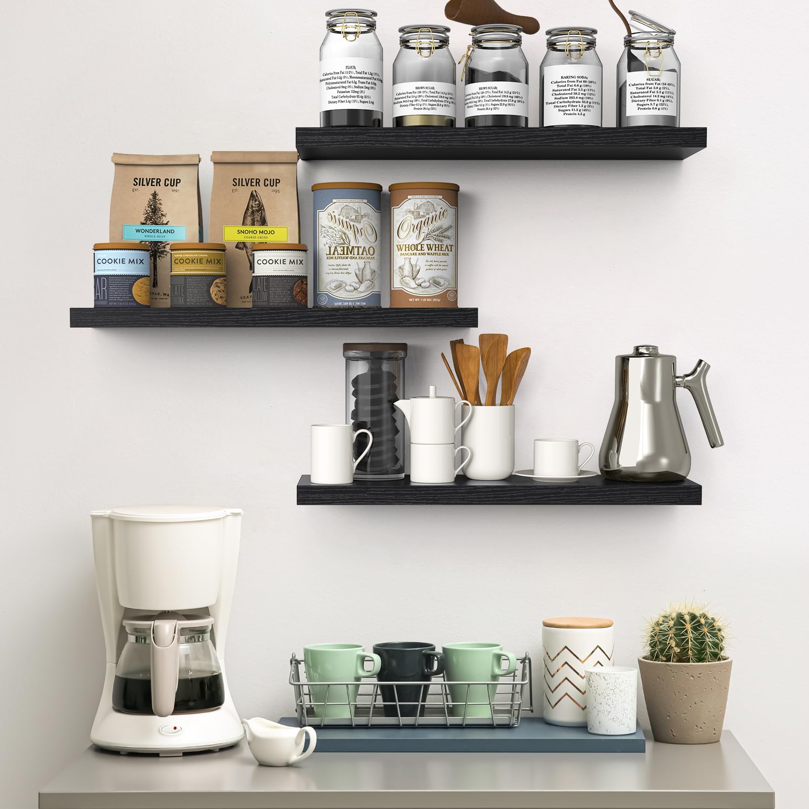 BAYKA wall-mounted wood shelves display books and decor in black finish
