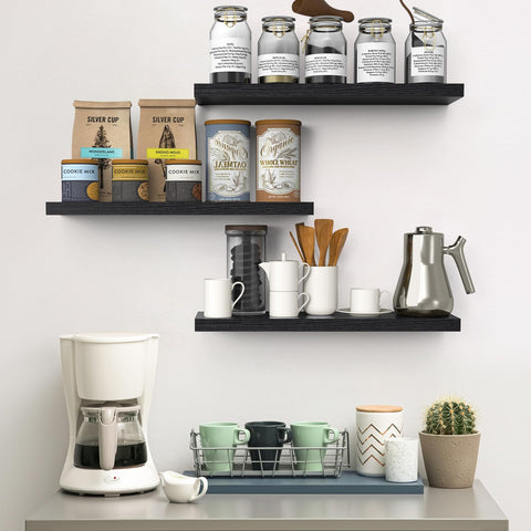 BAYKA wall-mounted wood shelves display books and decor in black finish