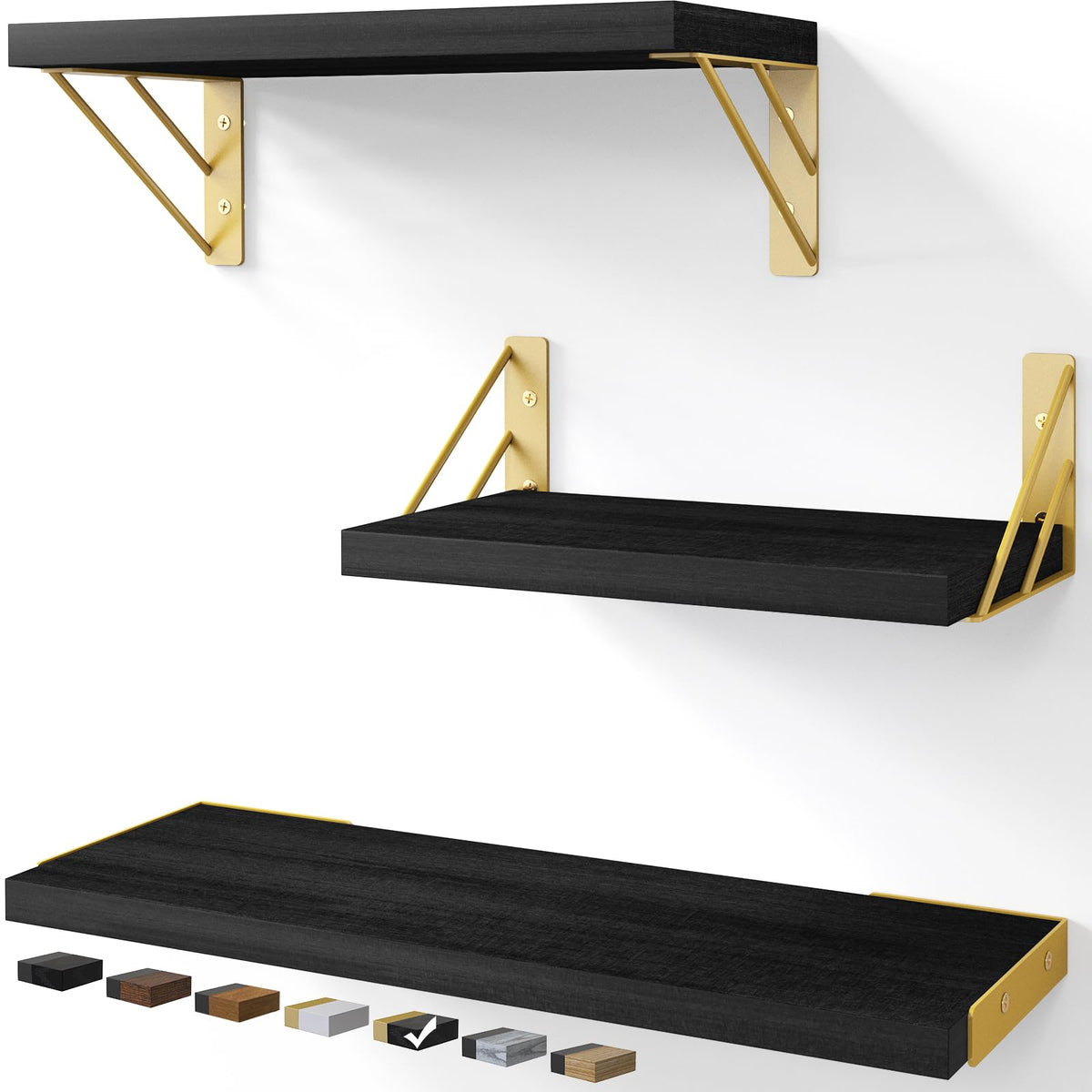 BAYKA wall shelves in black gold finish with books and plants for organized living spaces.