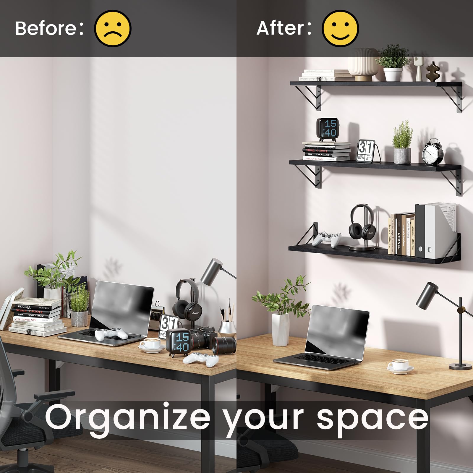BAYKA black wood wall shelves in an office setup for organized storage.