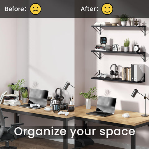 BAYKA black wood wall shelves in an office setup for organized storage.