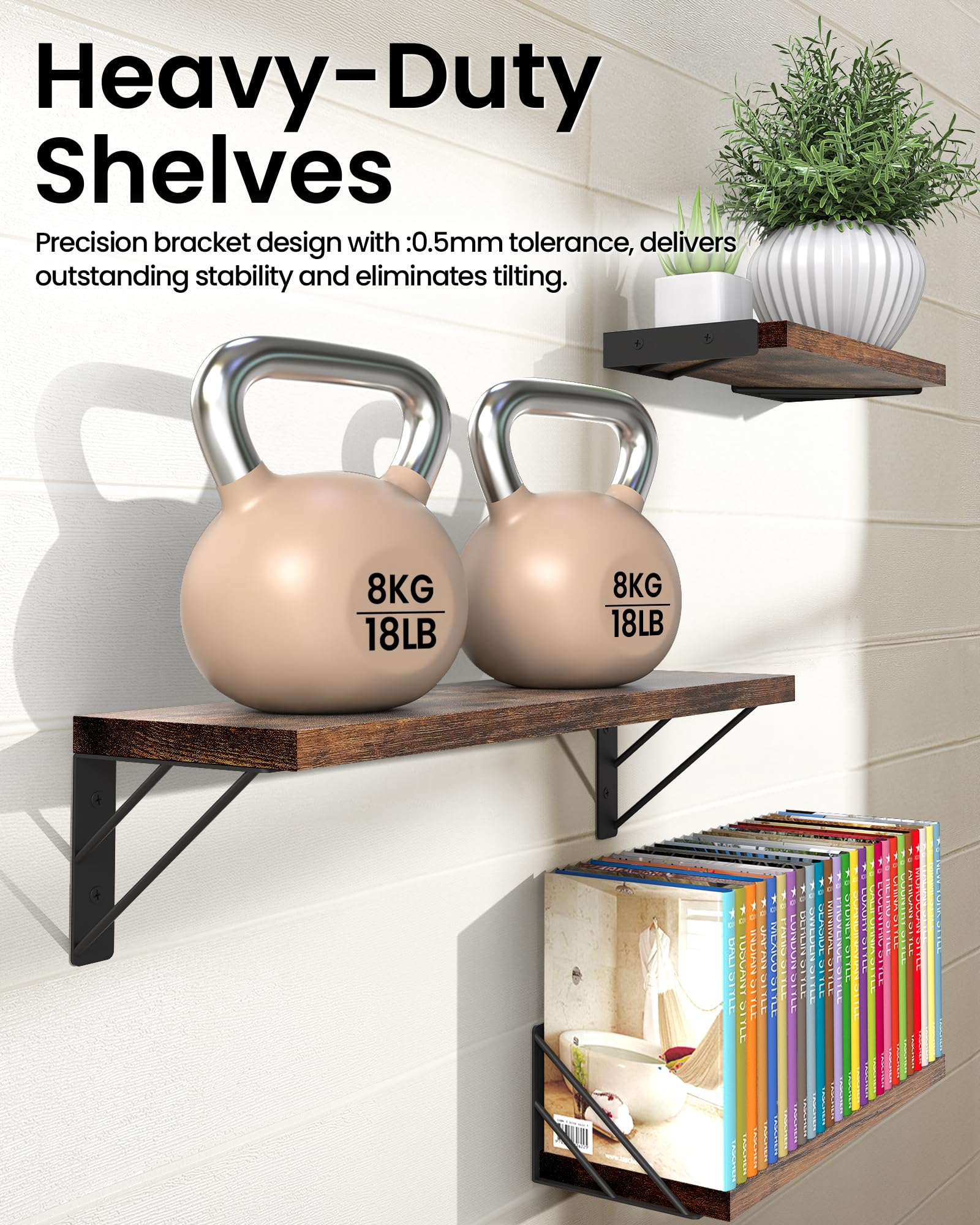 Bayka floating shelves in living room setup with books and plants.
