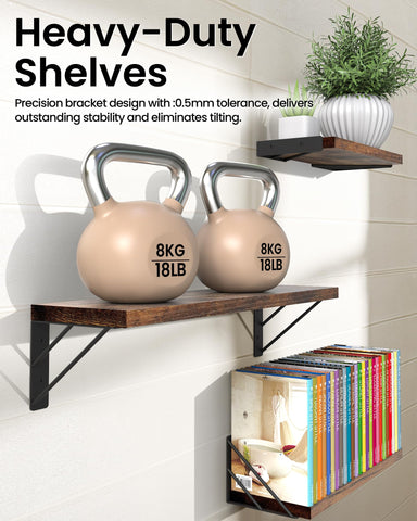 Bayka floating shelves in living room setup with books and plants.