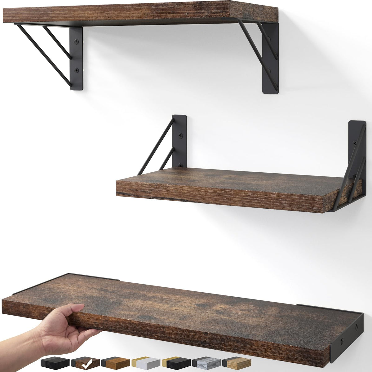Bayka wall shelves set of three in rustic brown, stylish storage for living spaces.