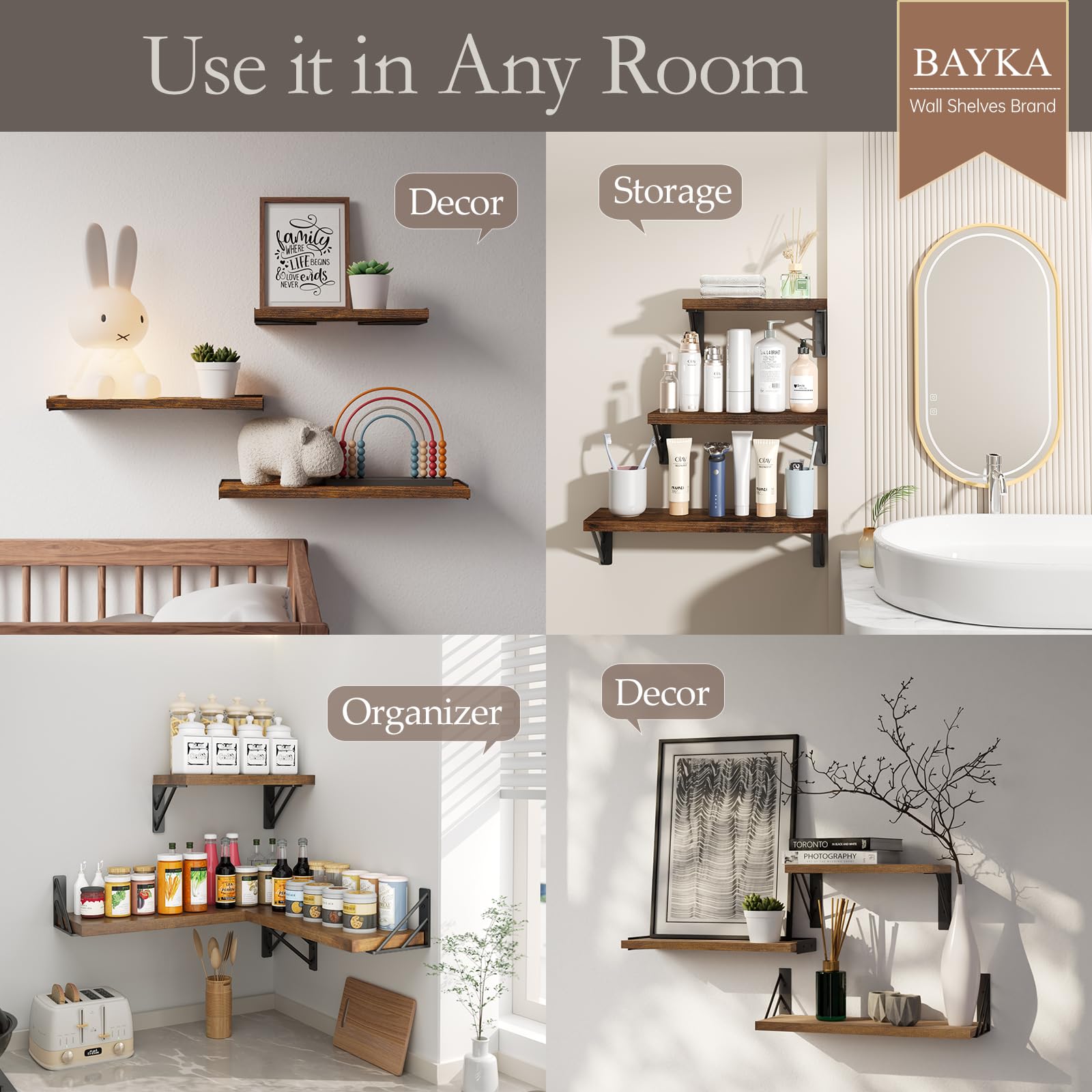 Bayka three-shelf on-brackets layout showcases versatile display.