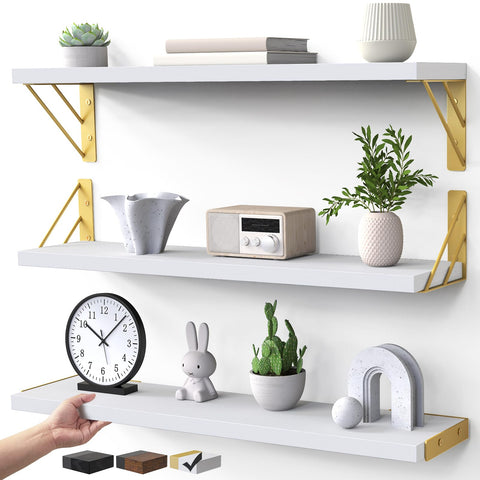 BAYKA wall shelves with white and gold finish, 23-inch triple set, ideal for display and storage.
