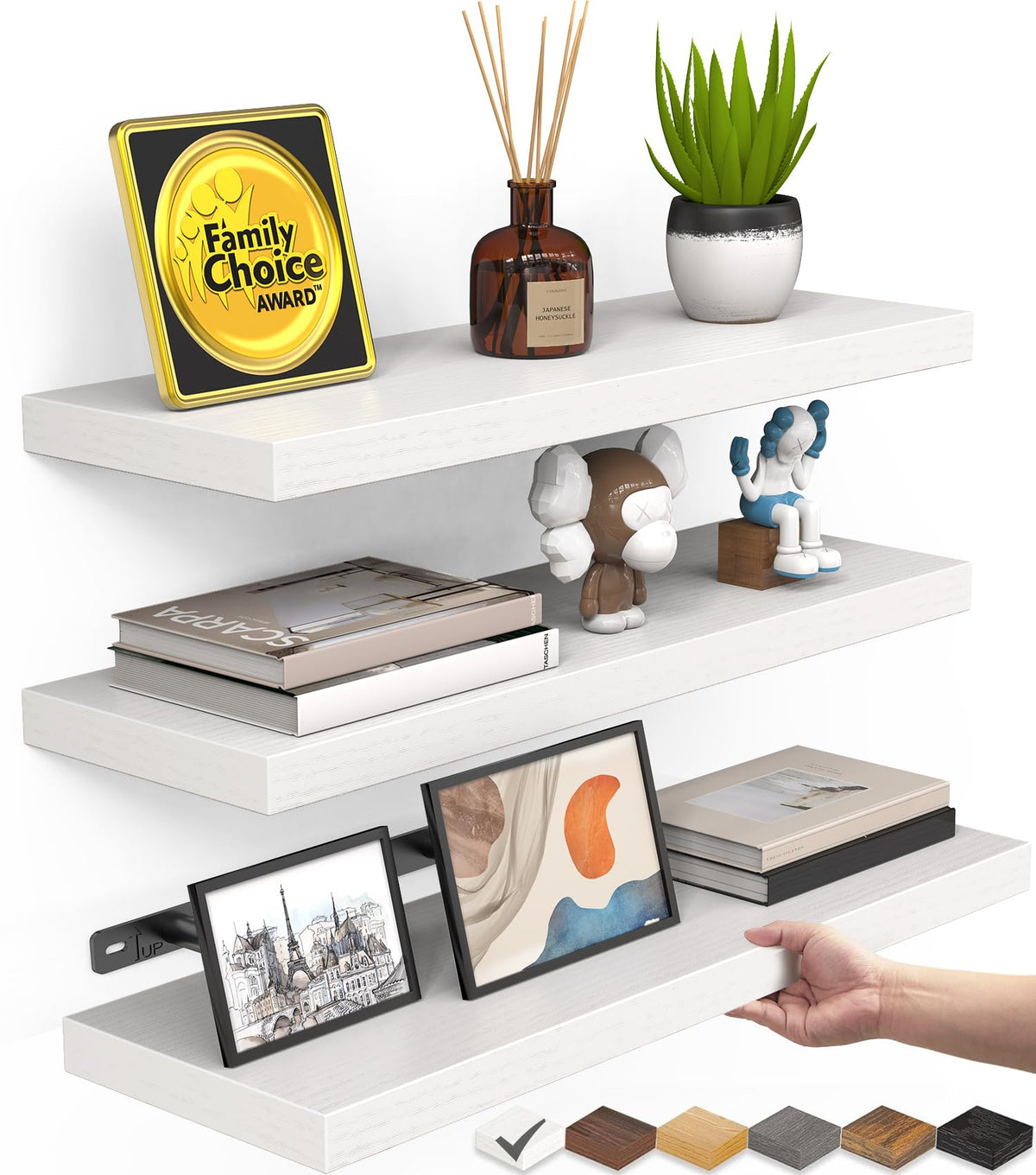 Bayka white floating shelves with wall mount for organized living spaces.