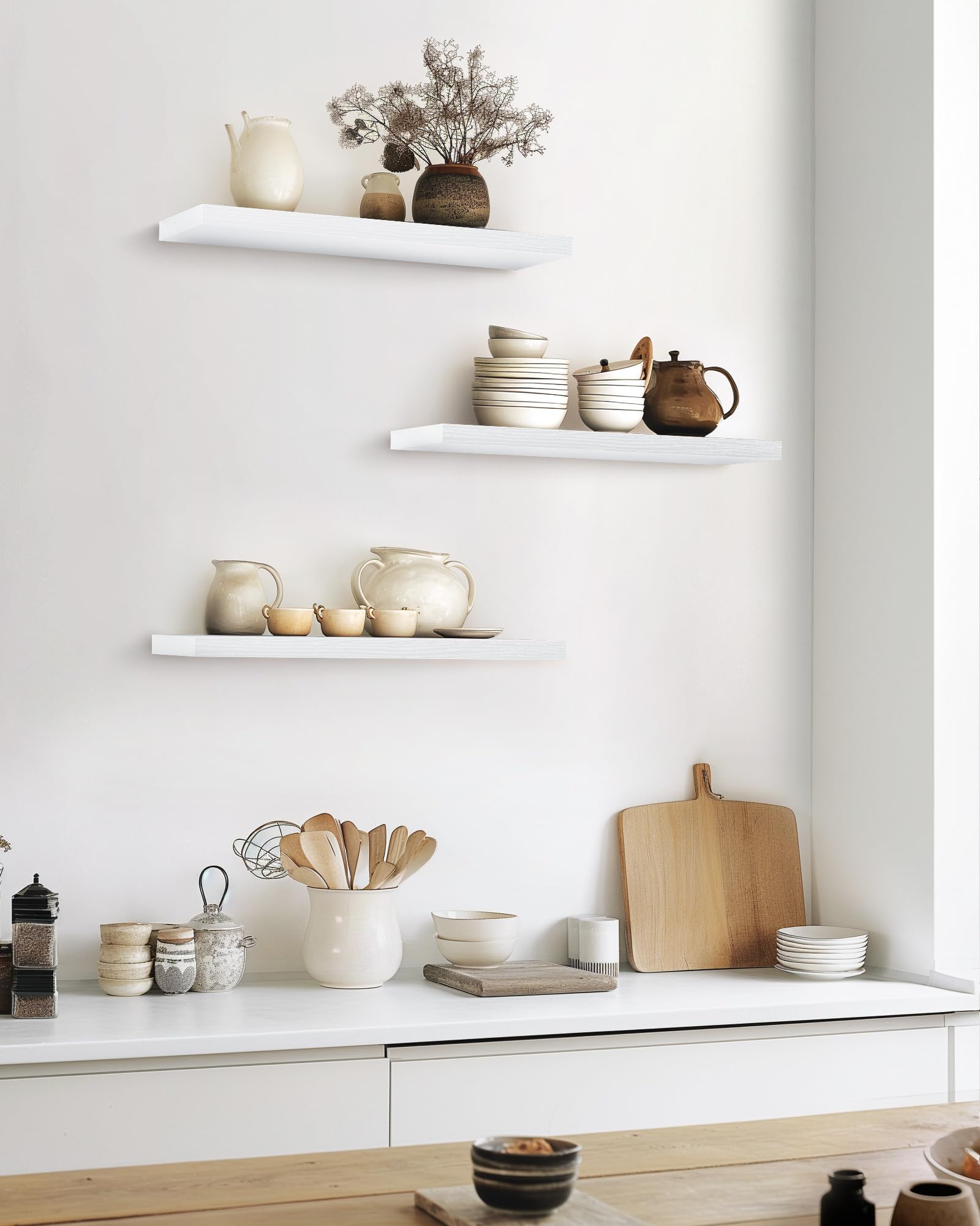 Bayka white floating shelves bracket closeup showing sturdy hardware and finish