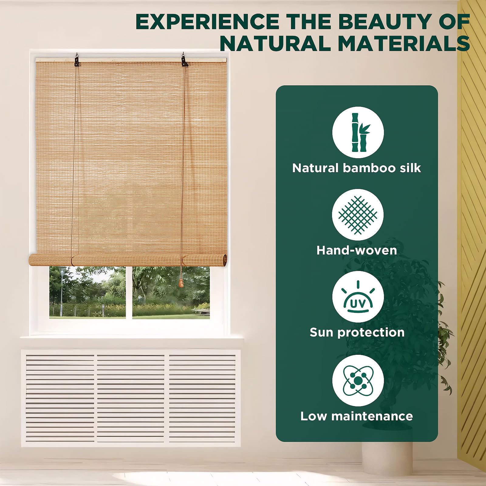 Close-up texture of Bayue bamboo blinds showing natural fibers