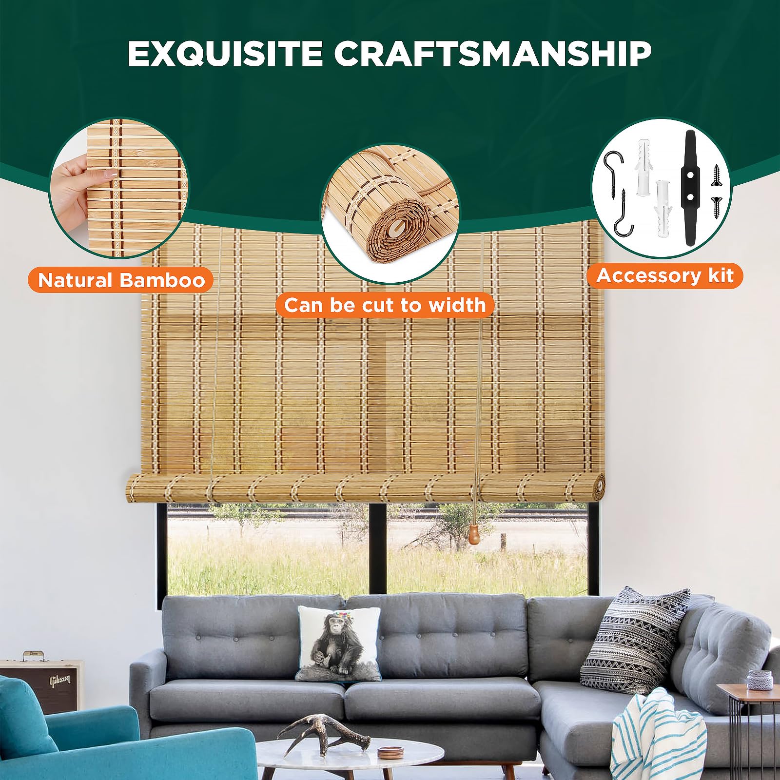 BAYUE Bamboo Blinds installed via DIY setup with mounting hardware