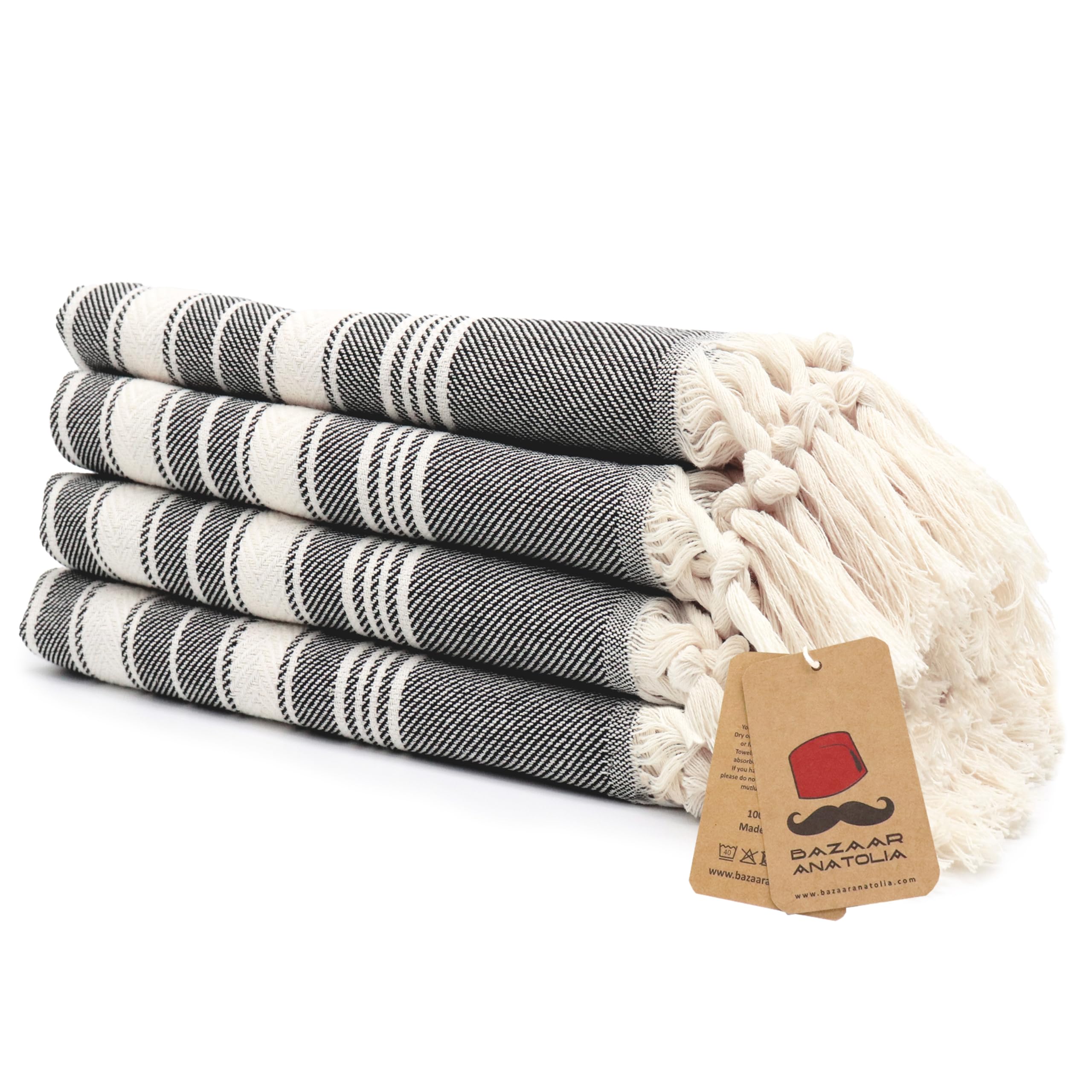 Bazaar Anatolia hand towels stripe black folded, soft cotton texture for daily bathroom use.