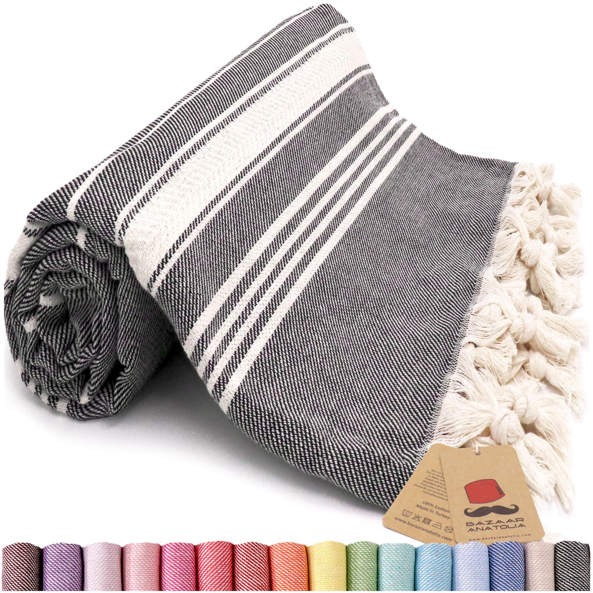 Bazaar Anatolia Turkish Beach Towel, oversized 71x39, stripe black, ideal for beach days