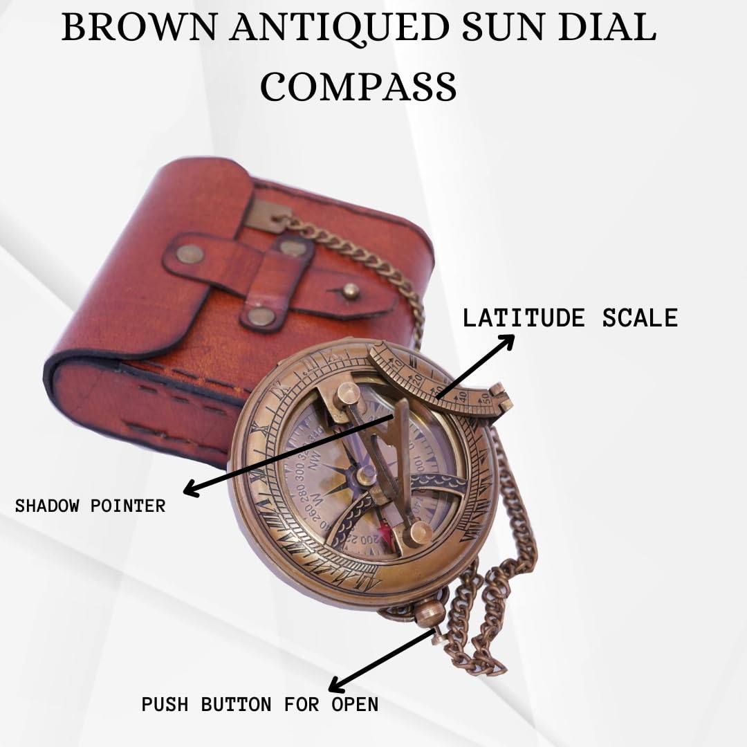 Bazross vintage brass sundial compass engraving, a collectible nautical piece for desk decor