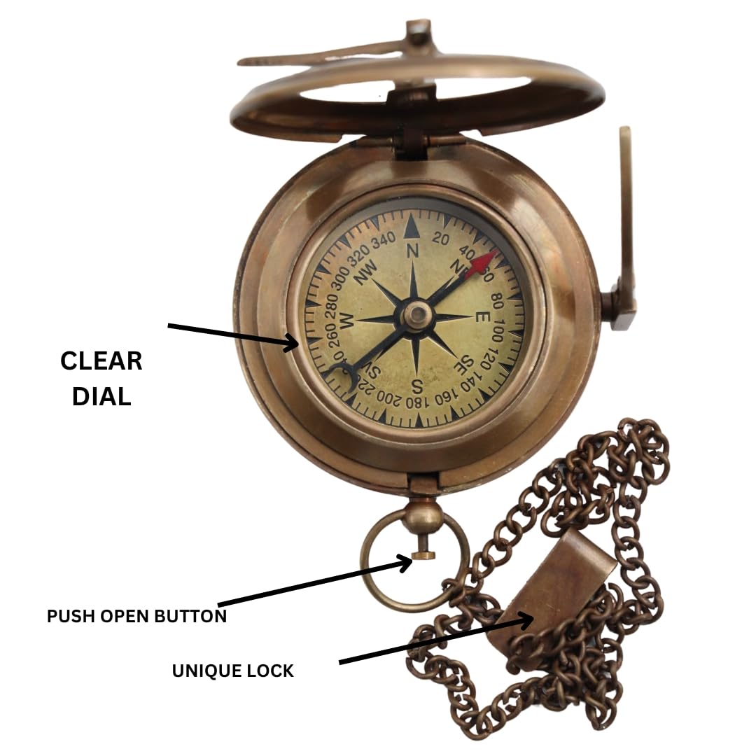 Bazross brass sundial compass with leather case, ideal for travel and outdoor adventures