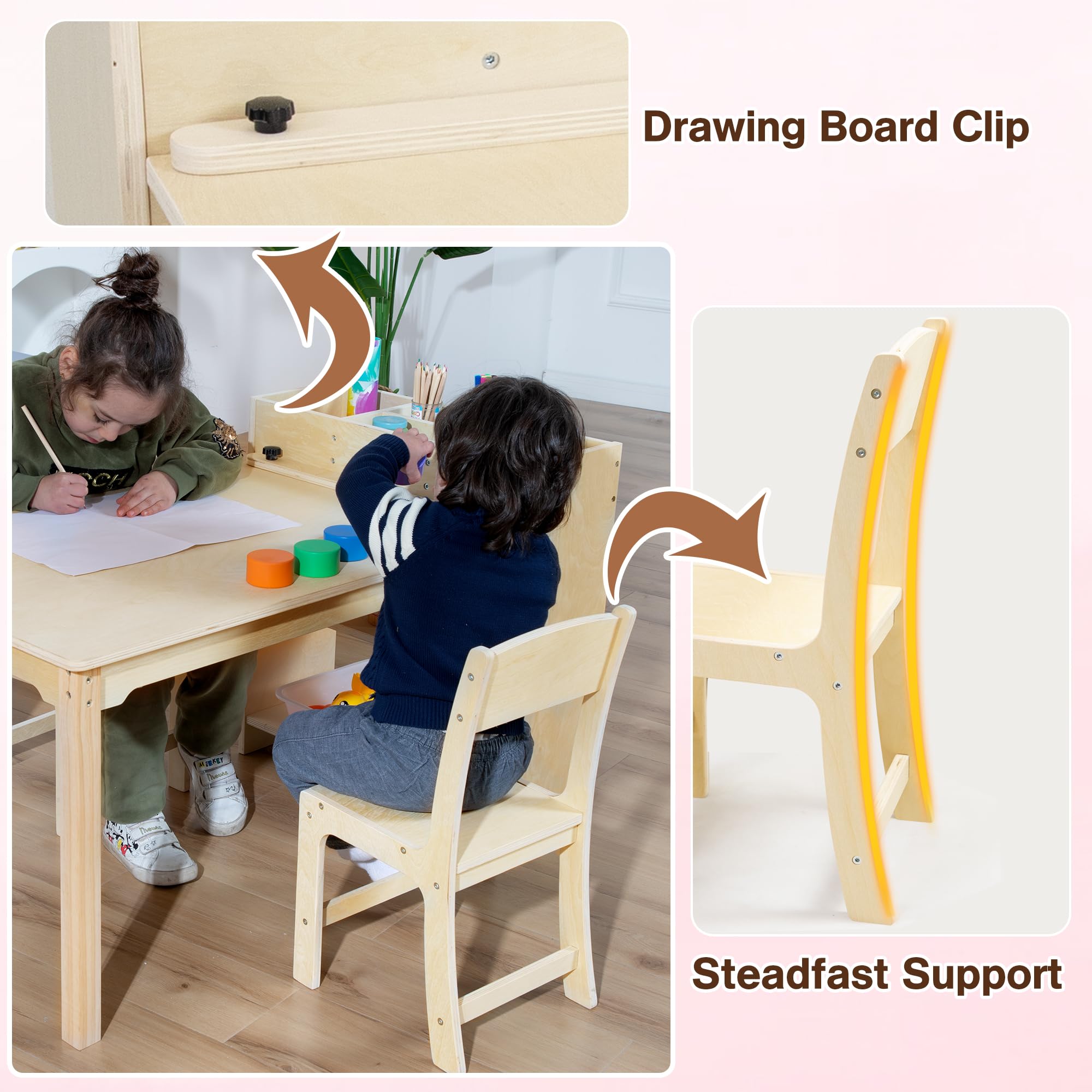 bbgroundgrm Kids Art Table and Chair Set features a sturdy chair design for long sessions.