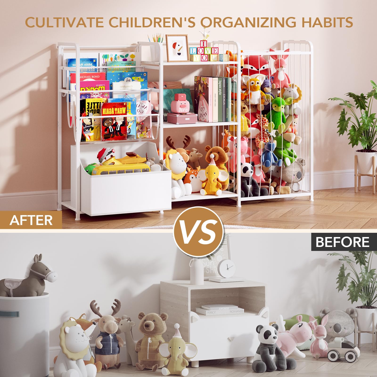 BBLIKE 3in1 stuffed animal storage bookshelf section showcases kid-friendly shelving for books.