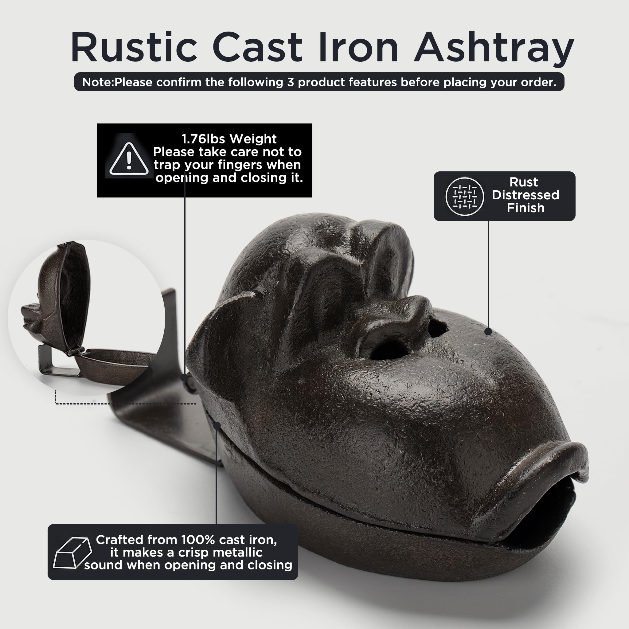 BBRGIRL iron cast ashtray lid closed, contained ashes