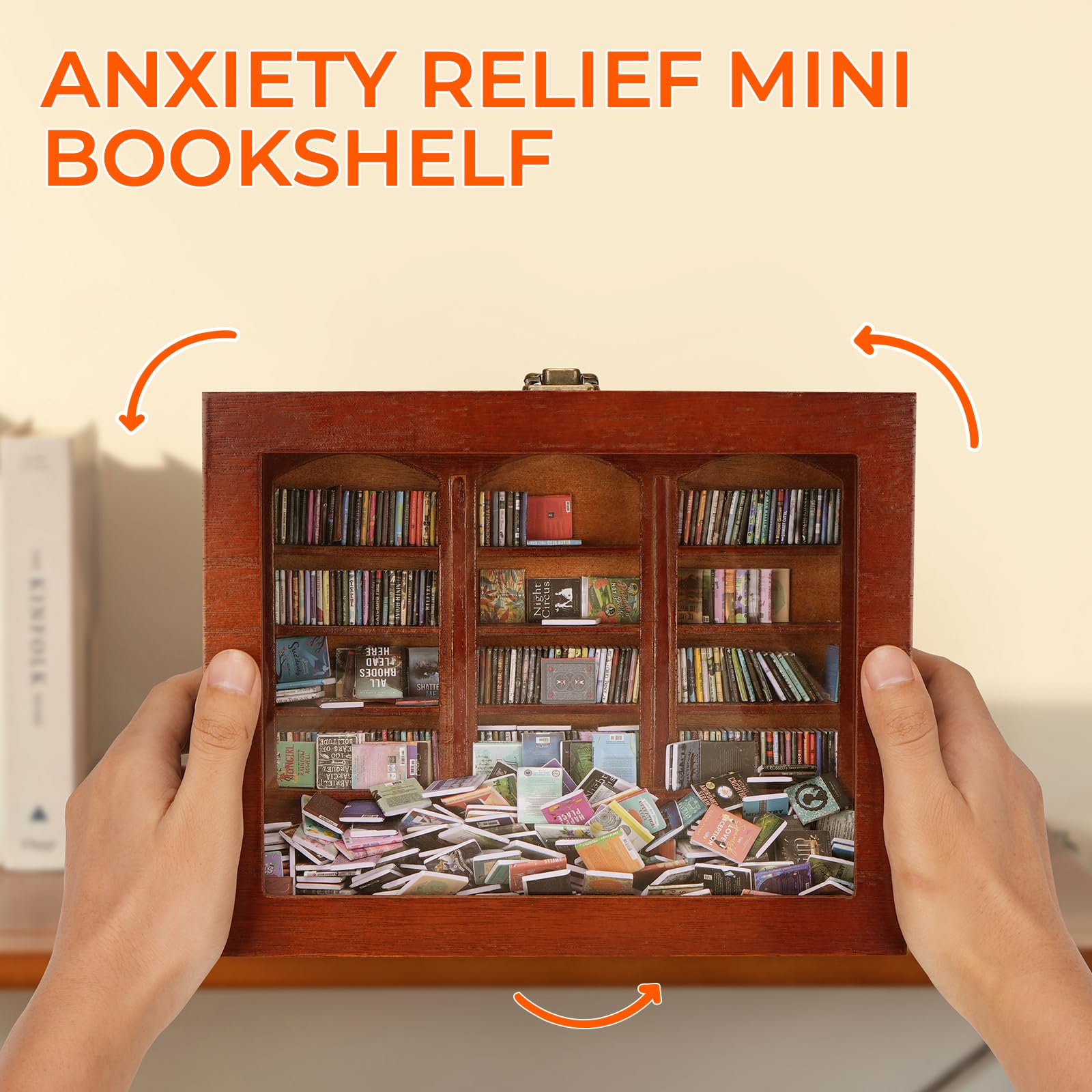 BBVCX Anxiety Bookshelf fits compact spaces, measuring 8.3 by 7.1 by 3 inches.