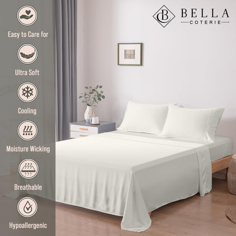 Bella Coterie 18-inch deep-pocket fitted sheet secures plush mattresses in ivory