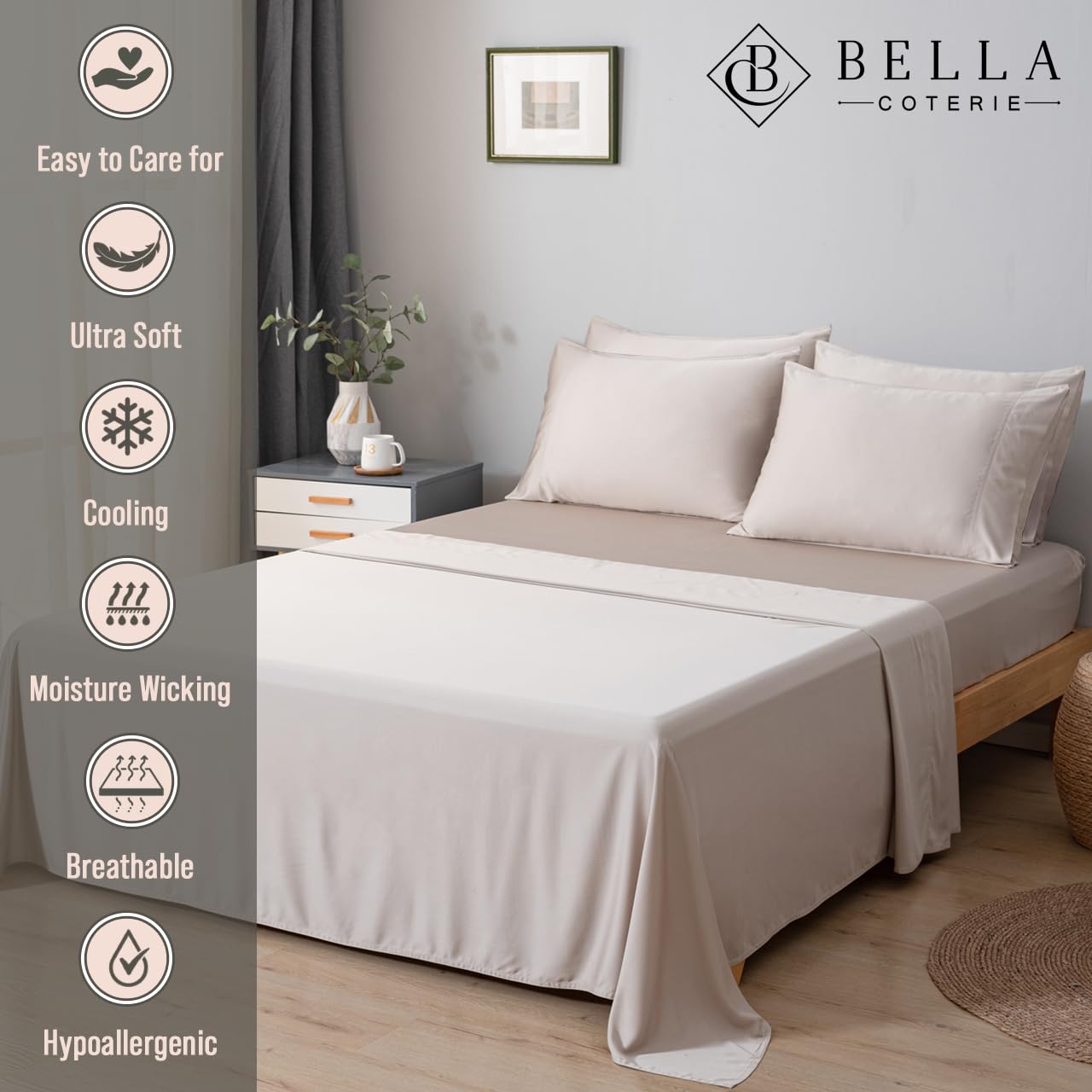 BC Bella Coterie bamboo sheets dune deep-pocket 18-inch fit for plush mattresses.