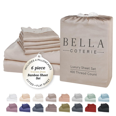 BC Bella Coterie bamboo sheets in dune, king-size close-up, for silky cooling comfort.