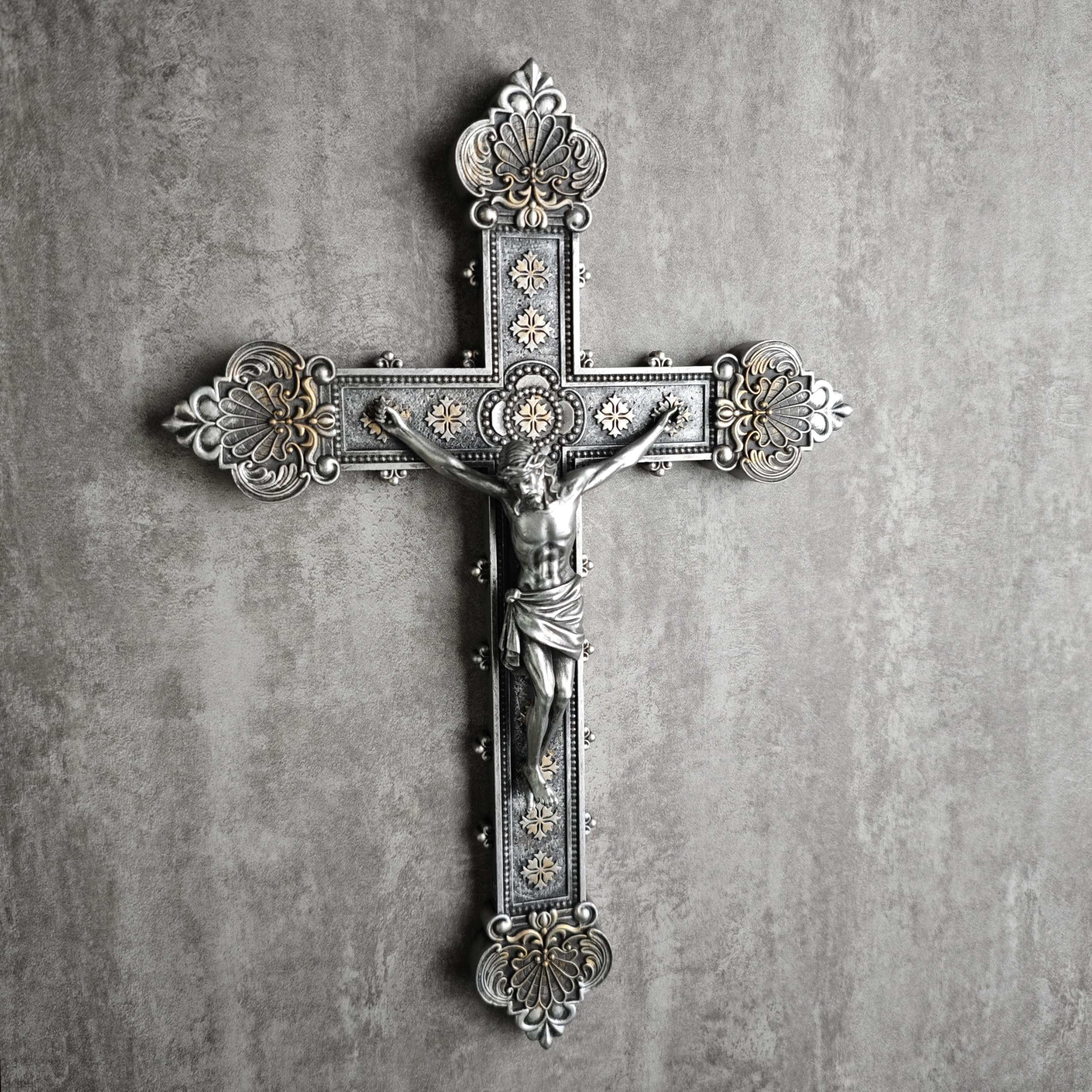 BC BUILDCLASSIC hand-painted silver crucifix, durable stone resin for long-lasting ambiance.