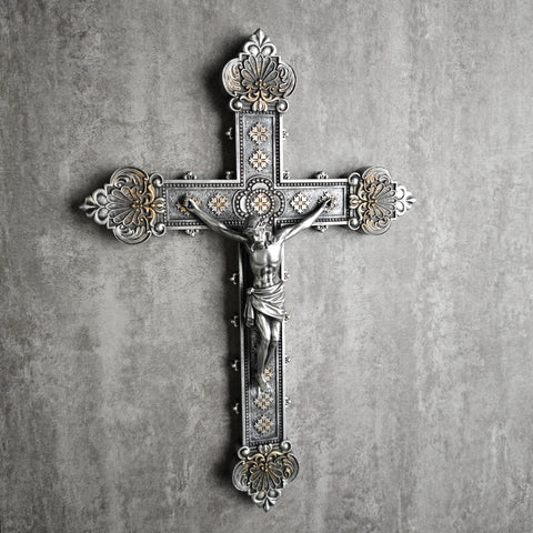 BC BUILDCLASSIC hand-painted silver crucifix, durable stone resin for long-lasting ambiance.
