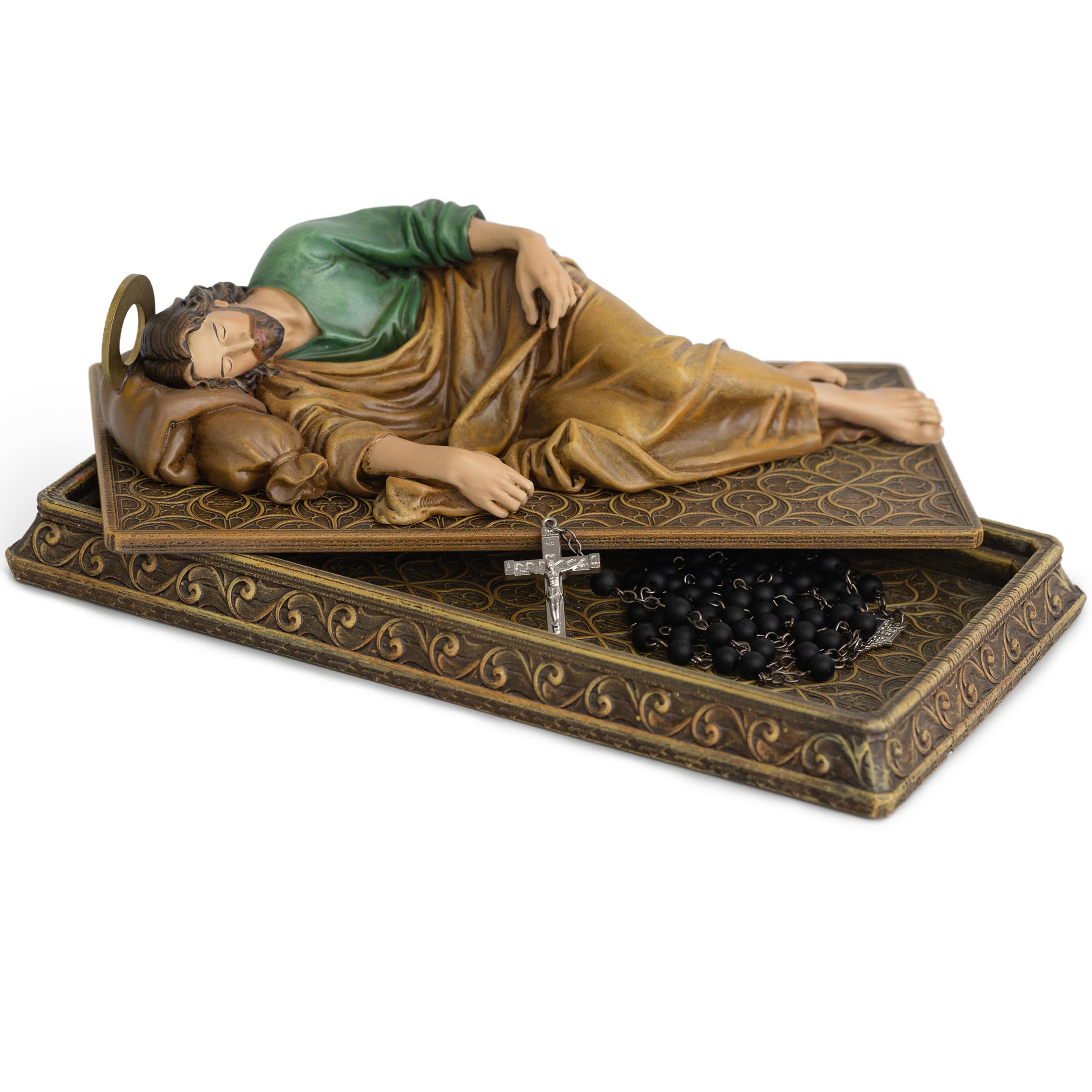 BC Buildclassic Saint Joseph statue with case base for display and rosary storage.