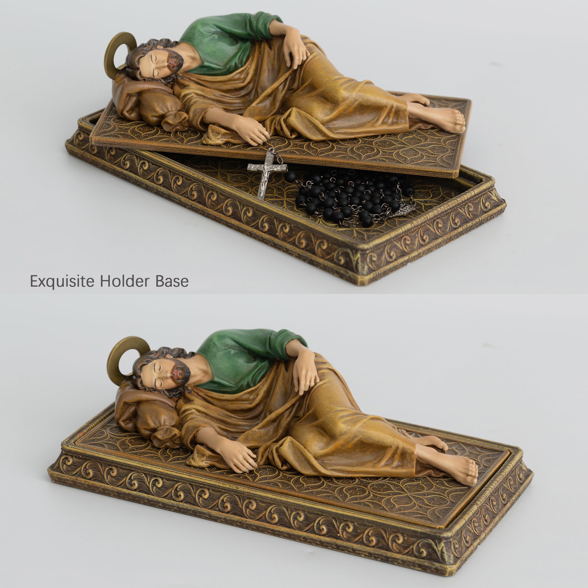 BC Buildclassic Saint Joseph statue with prayer cards holder keeps reminders nearby.