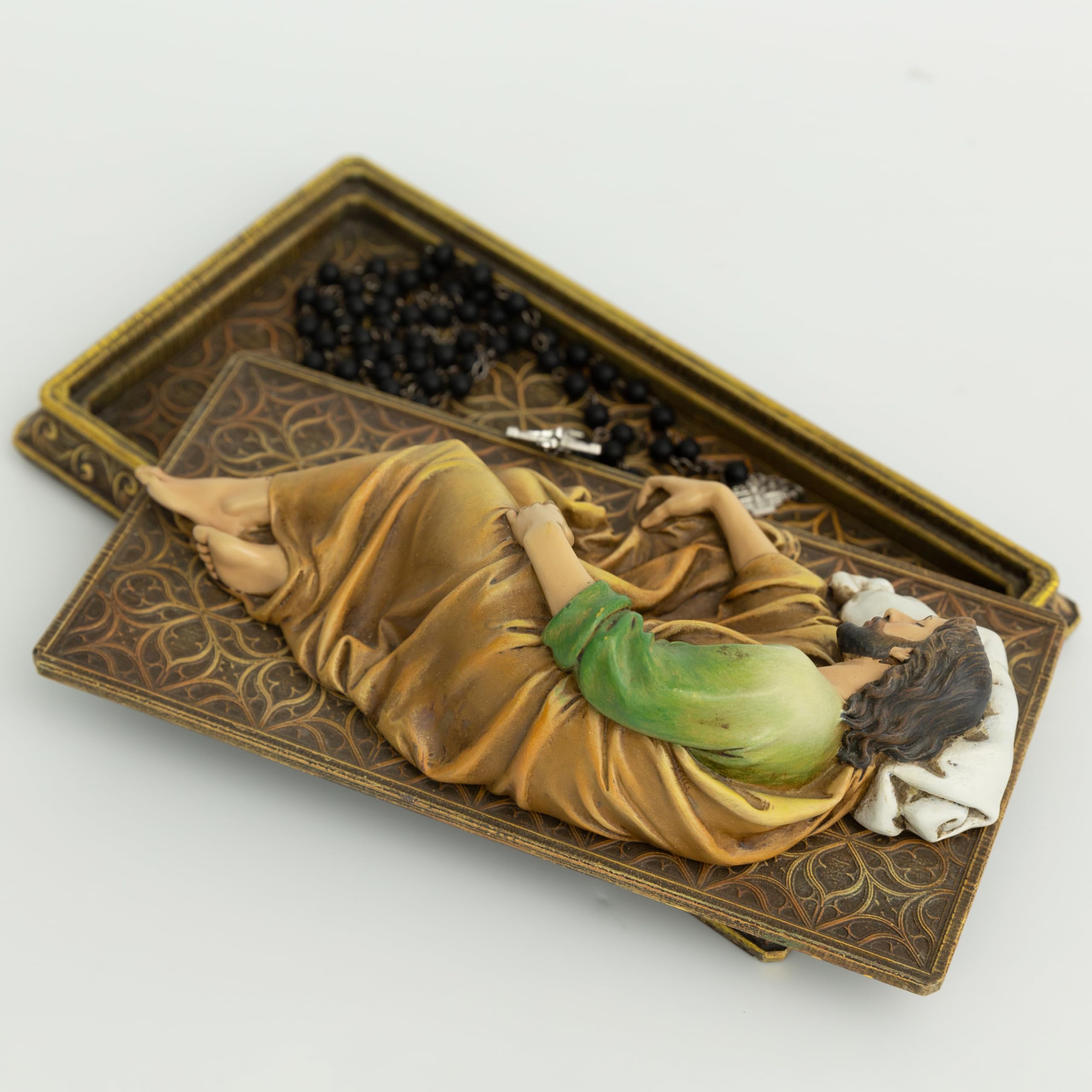 BC BuildClassic statue shows hidden rosary compartment for prayer notes and beads.