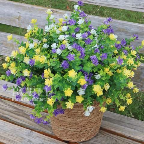 BCBLF yellow-purple-white blossoms arranged for vibrant interior decor